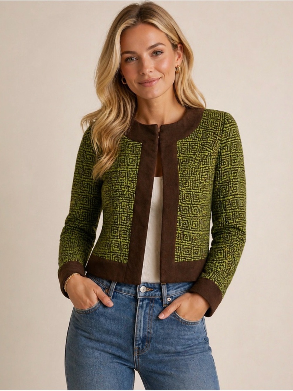 Andrea Becker Tweed Jacket Size 4 Small Green Brown Velvet Trim Wool Blend